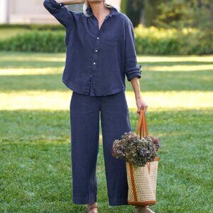 Frank & Eileen Maisie Pull On Crop Wide Leg Linen Pant in Navy Small $248